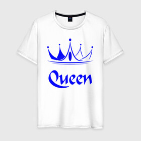 Мужская футболка хлопок с принтом Queen  в Новосибирске, 100% хлопок | прямой крой, круглый вырез горловины, длина до линии бедер, слегка спущенное плечо. | blue crown | crown | crown print | queen | queen lettering | queen print | королева | корона | надпись королева | принт королева | принт короны | синяя корона