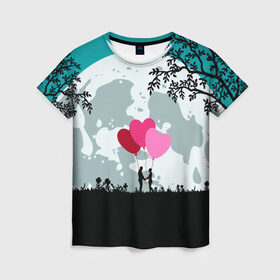 Женская футболка 3D с принтом Влюбленная Пара в Новосибирске, 100% полиэфир ( синтетическое хлопкоподобное полотно) | прямой крой, круглый вырез горловины, длина до линии бедер | heart | leaves | love | love you | minimal | moon | night | влюбленная пара | влюбленные | воздушные шары | деревья | листья | луна | любовь | минимализм | ночь | отношения | полнолуние | природа | сердечки | сердца | сердце
