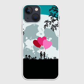 Чехол для iPhone 13 mini с принтом Влюбленная Пара в Новосибирске,  |  | heart | leaves | love | love you | minimal | moon | night | влюбленная пара | влюбленные | воздушные шары | деревья | листья | луна | любовь | минимализм | ночь | отношения | полнолуние | природа | сердечки | сердца | сердце