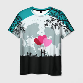 Мужская футболка 3D с принтом Влюбленная Пара в Новосибирске, 100% полиэфир | прямой крой, круглый вырез горловины, длина до линии бедер | heart | leaves | love | love you | minimal | moon | night | влюбленная пара | влюбленные | воздушные шары | деревья | листья | луна | любовь | минимализм | ночь | отношения | полнолуние | природа | сердечки | сердца | сердце