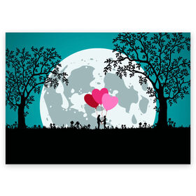 Поздравительная открытка с принтом Влюбленная Пара в Новосибирске, 100% бумага | плотность бумаги 280 г/м2, матовая, на обратной стороне линовка и место для марки
 | heart | leaves | love | love you | minimal | moon | night | влюбленная пара | влюбленные | воздушные шары | деревья | листья | луна | любовь | минимализм | ночь | отношения | полнолуние | природа | сердечки | сердца | сердце