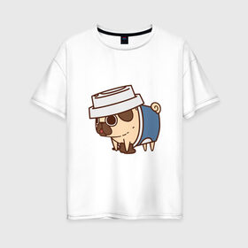Женская футболка хлопок Oversize с принтом Кофейный мопс в Новосибирске, 100% хлопок | свободный крой, круглый ворот, спущенный рукав, длина до линии бедер
 | арт | кофе | мопс | рисунок | сладкий | сладость | собака в костюме | собака в костюмчике | шоколад