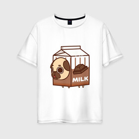 Женская футболка хлопок Oversize с принтом Шоколадное молоко-мопс в Новосибирске, 100% хлопок | свободный крой, круглый ворот, спущенный рукав, длина до линии бедер
 | арт | молоко | мопс | рисунок | сладкий | сладость | собака в костюме | собака в костюмчике | шоколад