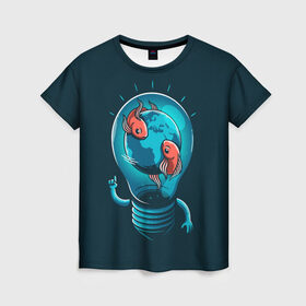 Женская футболка 3D с принтом Рыбки в лампочке в Новосибирске, 100% полиэфир ( синтетическое хлопкоподобное полотно) | прямой крой, круглый вырез горловины, длина до линии бедер | 