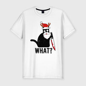 Мужская футболка хлопок Slim с принтом What Cat (Новый Год) в Новосибирске, 92% хлопок, 8% лайкра | приталенный силуэт, круглый вырез ворота, длина до линии бедра, короткий рукав | Тематика изображения на принте: 