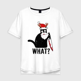 Мужская футболка хлопок Oversize с принтом What Cat (Новый Год) в Новосибирске, 100% хлопок | свободный крой, круглый ворот, “спинка” длиннее передней части | Тематика изображения на принте: 