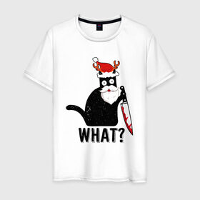 Мужская футболка хлопок с принтом What Cat (Новый Год) в Новосибирске, 100% хлопок | прямой крой, круглый вырез горловины, длина до линии бедер, слегка спущенное плечо. | 
