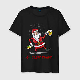 Мужская футболка хлопок с принтом Дед Мороз с пивом 18+ в Новосибирске, 100% хлопок | прямой крой, круглый вырез горловины, длина до линии бедер, слегка спущенное плечо. | Тематика изображения на принте: 