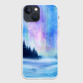 Чехол для iPhone 13 mini с принтом Зимняя соната в Новосибирске,  |  | watercolor | акварель | зима | лес | сияние | снег