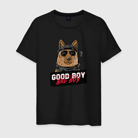 Мужская футболка хлопок с принтом Bad Boy в Новосибирске, 100% хлопок | прямой крой, круглый вырез горловины, длина до линии бедер, слегка спущенное плечо. | animal | dog | good | домашний | животные | звери | крутой | мальчик | милый | надпись | очки | пес | питомец | собака | собакен | табличка | хороший | щенок