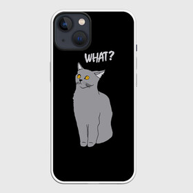 Чехол для iPhone 13 с принтом What cat в Новосибирске,  |  | cat | kitten | kitty | what кот | британская кошка | британский кот | в смысле | взгляд | вопрос | вопросительный знак | глаза кота | животные | кот мем | котенок | котик | котята | кошак | кошка | мемы