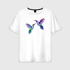 Женская футболка хлопок Oversize с принтом Колибри в Новосибирске, 100% хлопок | свободный крой, круглый ворот, спущенный рукав, длина до линии бедер
 | angel | bird | butterfly | parrot | summer | tropical | wings | ангел | бабочки | джунгли | животные | красочные | крылья | летний | лето | перья | попугай | природа | птица | птичка | радужные | райский | стриж | тропики