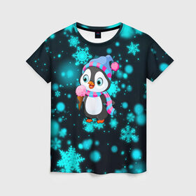 Женская футболка 3D с принтом Новогодний пингвин в Новосибирске, 100% полиэфир ( синтетическое хлопкоподобное полотно) | прямой крой, круглый вырез горловины, длина до линии бедер | 2021 | new year | бык | год быка | девочка | дед мороз | детям | дочке | мальчик | модная | модный | мороженое | новогодний дизайн | новогодний пингвин | новогодняя | новый год | пенгвин | пингвин | пингвины