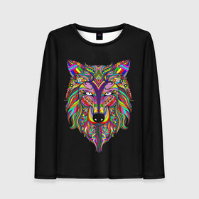 Женский лонгслив 3D с принтом Разноцветный Волк в Новосибирске, 100% полиэстер | длинные рукава, круглый вырез горловины, полуприлегающий силуэт | animal | art | black t shirt | dog | multi colored | patterns | predator | print | wolf | арт | волк | волчица | животное | зверь | пес | принт | разноцветная | собака | узоры | хищник | черная футболка