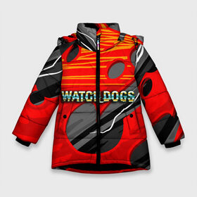 Зимняя куртка для девочек 3D с принтом Watch Dogs Recing в Новосибирске, ткань верха — 100% полиэстер; подклад — 100% полиэстер, утеплитель — 100% полиэстер. | длина ниже бедра, удлиненная спинка, воротник стойка и отстегивающийся капюшон. Есть боковые карманы с листочкой на кнопках, утяжки по низу изделия и внутренний карман на молнии. 

Предусмотрены светоотражающий принт на спинке, радужный светоотражающий элемент на пуллере молнии и на резинке для утяжки. | Тематика изображения на принте: dogs | legion | logo | text | watch | взлом | игра | легион | лого | символ | текст | хак | хакер | хакеры