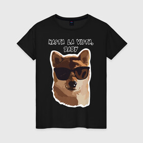 Женская футболка хлопок с принтом Собакен Арни в Новосибирске, 100% хлопок | прямой крой, круглый вырез горловины, длина до линии бедер, слегка спущенное плечо | dog | dogs | арнольдшварценеггер | домашнийпитомец | друг | лучшийдру | лучшийдругчеловека | очки | собака | собаки | собачка | терминатор