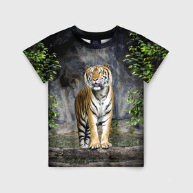 Детская футболка 3D с принтом ТИГР В ЛЕСУ в Новосибирске, 100% гипоаллергенный полиэфир | прямой крой, круглый вырез горловины, длина до линии бедер, чуть спущенное плечо, ткань немного тянется | tiger | амурский | бенгальский | в зоопарке | в лесу | дикий | кошка | крупная | полосатый | тигр | тигренок | тигрица
