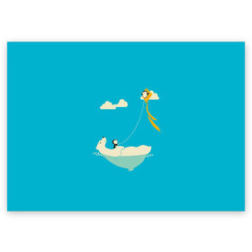 Поздравительная открытка с принтом ОБИТАТЕЛИ АНТАРКТИКИ в Новосибирске, 100% бумага | плотность бумаги 280 г/м2, матовая, на обратной стороне линовка и место для марки
 | белый медведь | воздушный змей | детский рисунок | мультяшный персонаж | небо голубое | облака | пингвин | рисунок