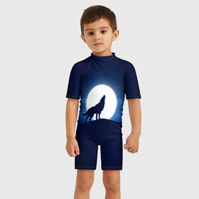 Детский купальный костюм 3D с принтом Воющий на луну в Новосибирске, Полиэстер 85%, Спандекс 15% | застежка на молнии на спине | волк вобщий на луну | звезды | луна | небо | ночное небо | полнолуние