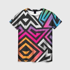 Женская футболка 3D с принтом GRAFFITY в Новосибирске, 100% полиэфир ( синтетическое хлопкоподобное полотно) | прямой крой, круглый вырез горловины, длина до линии бедер | абстракция | геометрия | ломаные линии | неон | полоски | разноцветный принт | яркие цвета