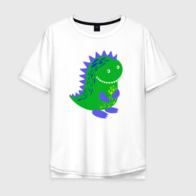Мужская футболка хлопок Oversize с принтом Зеленый дракончик-динозаврик в Новосибирске, 100% хлопок | свободный крой, круглый ворот, “спинка” длиннее передней части | dino | волшебный | дино | динозавр | динозаврик | дракон | дракончик | дракоша | змей горыныч | змея | змий | малыш | милашка | милый | парк юрского периода | сказка | сказочный | фэнтези