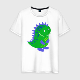 Мужская футболка хлопок с принтом Зеленый дракончик-динозаврик в Новосибирске, 100% хлопок | прямой крой, круглый вырез горловины, длина до линии бедер, слегка спущенное плечо. | dino | волшебный | дино | динозавр | динозаврик | дракон | дракончик | дракоша | змей горыныч | змея | змий | малыш | милашка | милый | парк юрского периода | сказка | сказочный | фэнтези