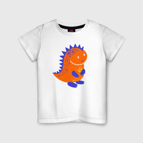 Детская футболка хлопок с принтом Оранжевый дракончин-динозаврик в Новосибирске, 100% хлопок | круглый вырез горловины, полуприлегающий силуэт, длина до линии бедер | Тематика изображения на принте: dino | волшебный | дино | динозавр | динозаврик | дракон | дракончик | дракоша | змей горыныч | змея | змий | малыш | милашка | милый | парк юрского периода | сказка | сказочный | фэнтези