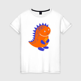 Женская футболка хлопок с принтом Оранжевый дракончин-динозаврик в Новосибирске, 100% хлопок | прямой крой, круглый вырез горловины, длина до линии бедер, слегка спущенное плечо | dino | волшебный | дино | динозавр | динозаврик | дракон | дракончик | дракоша | змей горыныч | змея | змий | малыш | милашка | милый | парк юрского периода | сказка | сказочный | фэнтези