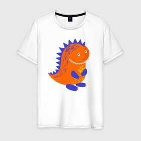 Мужская футболка хлопок с принтом Оранжевый дракончин-динозаврик в Новосибирске, 100% хлопок | прямой крой, круглый вырез горловины, длина до линии бедер, слегка спущенное плечо. | dino | волшебный | дино | динозавр | динозаврик | дракон | дракончик | дракоша | змей горыныч | змея | змий | малыш | милашка | милый | парк юрского периода | сказка | сказочный | фэнтези