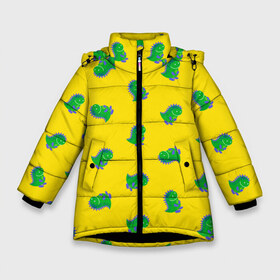 Зимняя куртка для девочек 3D с принтом Дракончик-динозаврик в Новосибирске, ткань верха — 100% полиэстер; подклад — 100% полиэстер, утеплитель — 100% полиэстер. | длина ниже бедра, удлиненная спинка, воротник стойка и отстегивающийся капюшон. Есть боковые карманы с листочкой на кнопках, утяжки по низу изделия и внутренний карман на молнии. 

Предусмотрены светоотражающий принт на спинке, радужный светоотражающий элемент на пуллере молнии и на резинке для утяжки. | Тематика изображения на принте: dino | волшебный | дино | динозавр | динозаврик | дракон | дракончик | дракоша | змей горыныч | змея | змий | малыш | милашка | милый | парк юрского периода | сказка | сказочный | фэнтези
