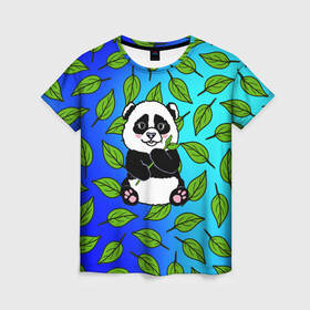 Женская футболка 3D с принтом Панда в Новосибирске, 100% полиэфир ( синтетическое хлопкоподобное полотно) | прямой крой, круглый вырез горловины, длина до линии бедер | baby | bear | kawaii | teddy | бамбук | ветки | животные | игрушка | каваи | китай | коала | листья | малыш | медведь | медвежата | медвежонок | мультяшный | панда | пандочка | плюшевый | подарок | природа | пушистый