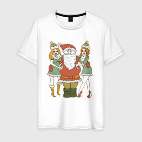 Мужская футболка хлопок с принтом Дед Мороз и Снегурочки в Новосибирске, 100% хлопок | прямой крой, круглый вырез горловины, длина до линии бедер, слегка спущенное плечо. | 