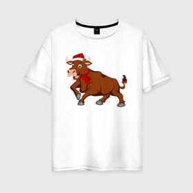 Женская футболка хлопок Oversize с принтом Праздничный бык в Новосибирске, 100% хлопок | свободный крой, круглый ворот, спущенный рукав, длина до линии бедер
 | 