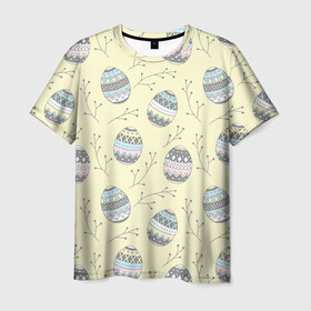 Мужская футболка 3D с принтом Пасхальные яйца в Новосибирске, 100% полиэфир | прямой крой, круглый вырез горловины, длина до линии бедер | бог | вера | весна | воскресение | желтый фон | молитва | пасха | пасхальный | пост | религия | храм | христос | церковь | яйца пасхальные