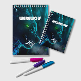 Блокнот с принтом WAREWOLF в Новосибирске, 100% бумага | 48 листов, плотность листов — 60 г/м2, плотность картонной обложки — 250 г/м2. Листы скреплены удобной пружинной спиралью. Цвет линий — светло-серый
 | Тематика изображения на принте: глаза волка | зеленые глаза | злой зверь | неоновые глаза | оборотень | оскал волка | оскал оборотня