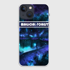Чехол для iPhone 13 mini с принтом MAGICAL FOREST в Новосибирске,  |  | звездное небо | магический лес | неоновая пыль | неоновые линии | озеро ночью | отражение в озере | светлячки в лесу