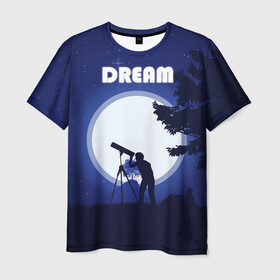 Мужская футболка 3D с принтом DREAM в Новосибирске, 100% полиэфир | прямой крой, круглый вырез горловины, длина до линии бедер | 2d рисунок | звездное небо | луна | минимализм | ночное небо | полнолуние | человек с телескопом