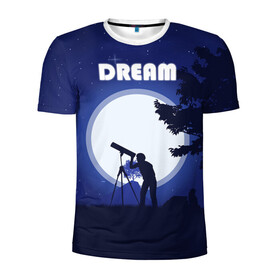 Мужская футболка 3D спортивная с принтом DREAM в Новосибирске, 100% полиэстер с улучшенными характеристиками | приталенный силуэт, круглая горловина, широкие плечи, сужается к линии бедра | 2d рисунок | звездное небо | луна | минимализм | ночное небо | полнолуние | человек с телескопом