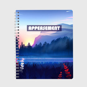 Тетрадь с принтом APPEASEMENT в Новосибирске, 100% бумага | 48 листов, плотность листов — 60 г/м2, плотность картонной обложки — 250 г/м2. Листы скреплены сбоку удобной пружинной спиралью. Уголки страниц и обложки скругленные. Цвет линий — светло-серый
 | алый закат | вечернее небо | голубое небо | горы | деревья | закат | красный закат | неоновая надпись | поле | туман