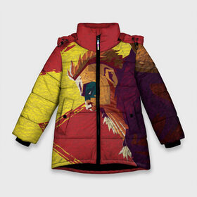 Зимняя куртка для девочек 3D с принтом ASSASSINS CREED VALHALLA в Новосибирске, ткань верха — 100% полиэстер; подклад — 100% полиэстер, утеплитель — 100% полиэстер. | длина ниже бедра, удлиненная спинка, воротник стойка и отстегивающийся капюшон. Есть боковые карманы с листочкой на кнопках, утяжки по низу изделия и внутренний карман на молнии. 

Предусмотрены светоотражающий принт на спинке, радужный светоотражающий элемент на пуллере молнии и на резинке для утяжки. | Тематика изображения на принте: eivor | valhalla | vikings | ассасин крид вальгала | ассасин крид вальхалла | ассассин крид | вальгалла | вальхалла | викинги | эйвор
