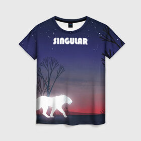 Женская футболка 3D с принтом SINGULAR в Новосибирске, 100% полиэфир ( синтетическое хлопкоподобное полотно) | прямой крой, круглый вырез горловины, длина до линии бедер | алый закат | звездное небо | неоновый тигр | ночное небо | тигр на закате