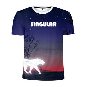 Мужская футболка 3D спортивная с принтом SINGULAR в Новосибирске, 100% полиэстер с улучшенными характеристиками | приталенный силуэт, круглая горловина, широкие плечи, сужается к линии бедра | алый закат | звездное небо | неоновый тигр | ночное небо | тигр на закате