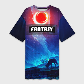 Платье-футболка 3D с принтом FANTASY в Новосибирске,  |  | горы | ледяные глыбы | неоновая луна | неоновая планета | неоновый свет | ночное небо | олень | фантастика | фентези