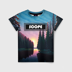 Детская футболка 3D с принтом SCOPE в Новосибирске, 100% гипоаллергенный полиэфир | прямой крой, круглый вырез горловины, длина до линии бедер, чуть спущенное плечо, ткань немного тянется | вечернее небо | голубое небо | деревья | закат | лес | неоновая надпись | озеро | река