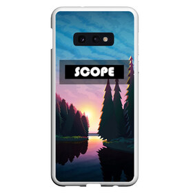 Чехол для Samsung S10E с принтом SCOPE в Новосибирске, Силикон | Область печати: задняя сторона чехла, без боковых панелей | Тематика изображения на принте: вечернее небо | голубое небо | деревья | закат | лес | неоновая надпись | озеро | река