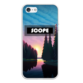 Чехол для iPhone 5/5S матовый с принтом SCOPE в Новосибирске, Силикон | Область печати: задняя сторона чехла, без боковых панелей | вечернее небо | голубое небо | деревья | закат | лес | неоновая надпись | озеро | река