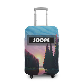 Чехол для чемодана 3D с принтом SCOPE в Новосибирске, 86% полиэфир, 14% спандекс | двустороннее нанесение принта, прорези для ручек и колес | вечернее небо | голубое небо | деревья | закат | лес | неоновая надпись | озеро | река