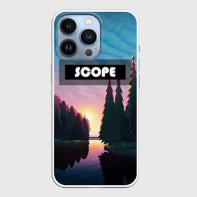 Чехол для iPhone 13 Pro с принтом SCOPE в Новосибирске,  |  | вечернее небо | голубое небо | деревья | закат | лес | неоновая надпись | озеро | река