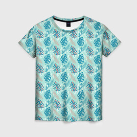 Женская футболка 3D с принтом Тропический паттерн, монстера в Новосибирске, 100% полиэфир ( синтетическое хлопкоподобное полотно) | прямой крой, круглый вырез горловины, длина до линии бедер | абстракция | веточка | гавайи | джунгли | лето | листья | монстера | орнамент | пальма | паттерн | пятна | тропики | тропический | узор