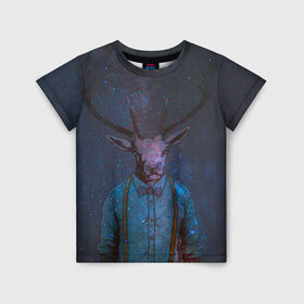 Детская футболка 3D с принтом Космический олень в Новосибирске, 100% гипоаллергенный полиэфир | прямой крой, круглый вырез горловины, длина до линии бедер, чуть спущенное плечо, ткань немного тянется | Тематика изображения на принте: 2021 | вселенная | галактика | для мужчин | космический олень | космос | маска | мужчина | новогодний олень | новогодняя | новый год | олень | подарок | праздник | рога | рождество | с новым годом | сказка